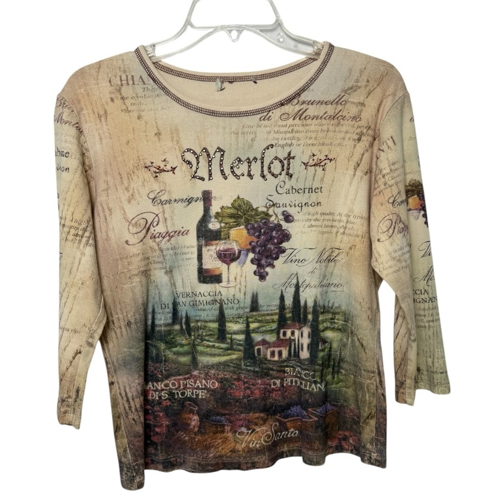 Vintage Y2K Merlot Graphic Shirt Women’s Size Large XL Wine Italy AOP
